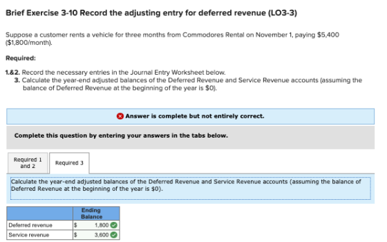 Brief Exercise 3-10 Record the adjusting entry for deferred revenue (LO3-3) Suppose a customer rents a vehicle for three mont