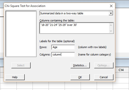 Chi-Square Test for Association Summarized data in a two-way table Columns containing the table: 18-20 21-24 25-29 over 30 Labels for the table (optional) Rows: Age Columns: column (column with row labels) (name for column category) Select Statistics Options C14 Cancel Help OK