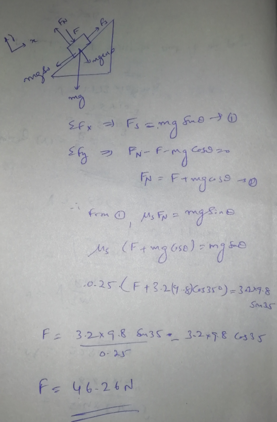 mo ngs Efx Fs = mg fud to Efy - FN - F- mg coses 2 FN = Fargass o from us fn = mgsing us (Et mg ose) = maso 0.25 (F +3.219.8)