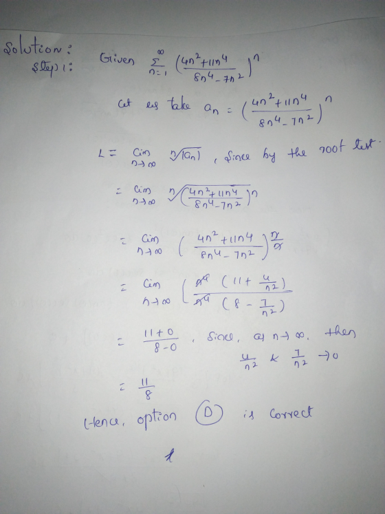 solution: slepi: Griven & (unting ) 8n4_762 Cet les take an un2tin4 8n4_102 2- Cim land e since by the root test 으 Cim n.fo 8