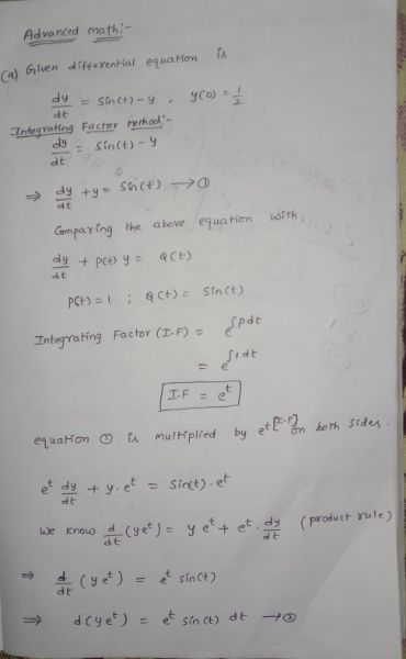 Advanced math:- والے de ولے TA (a) Siven dfferential equation Sinct) - 9 yo) / Integrating Facter rethod - = Sinct)- y at det