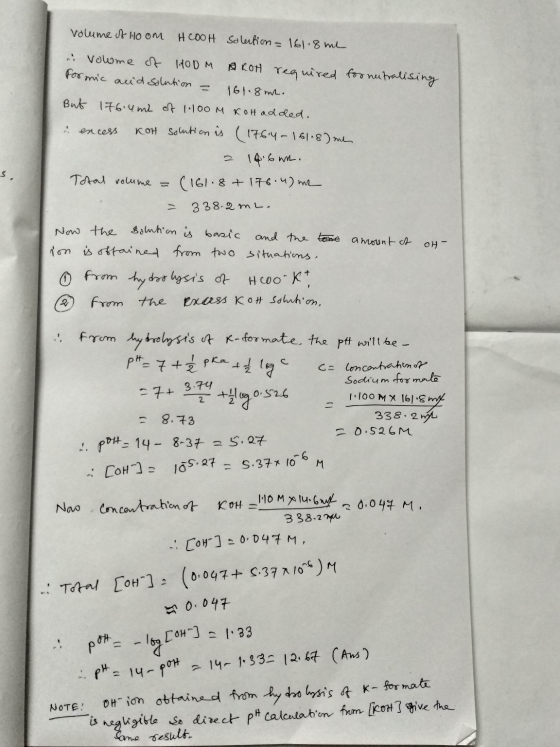 volume of Hoom HCOOH Solution = 161.8 me i vowme of 1.400M ARH required for nutralising Formic acid solution - 161.8 ml. But