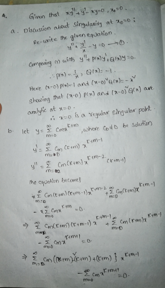 4. Given that ry + y ² ay-0,260... a. Discussion about singularity at 4050 : Re-write the given equation. c y - y = -0. comp