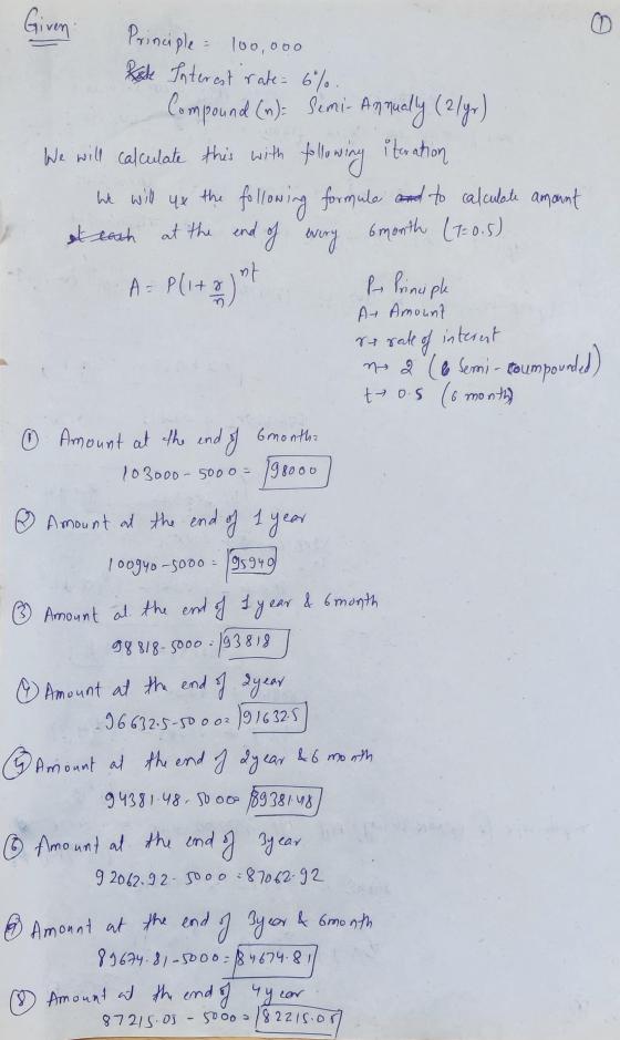 Given Principle : 100,000 Rede Interest rate= 6%. following iteration Compound (n)= Semi-Annually (2/yr) We will calculate th