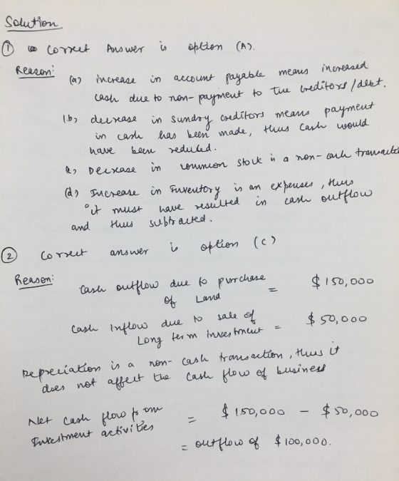 solution. © to correct Answer i option (A). Reason: cas increase (a) increase in account payable means increased cash due to