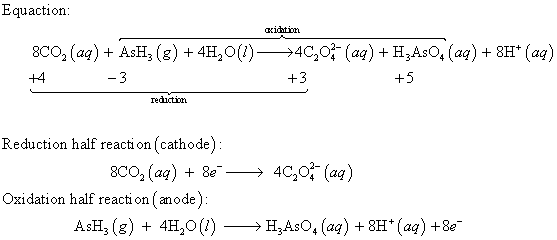 Equaction: +4 +3 redictimn Reduction half reacti on (cathode) 8CO2 (aq)8e> 4C20 (aa) Oxidation half reaction (anode) AsH, (E)+4H,O(l)HAs, (ag)+8H (aq)+8e