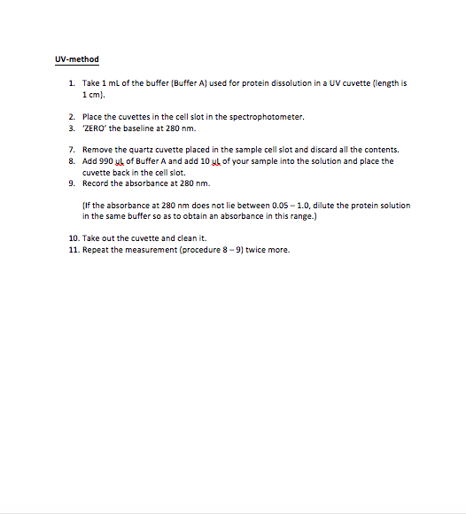 UV-method 1. Take 1 mL of the buffer(Buffer A) used for protein dissolution in a UV cuvette (length is 1 cm). 2. Place the cu