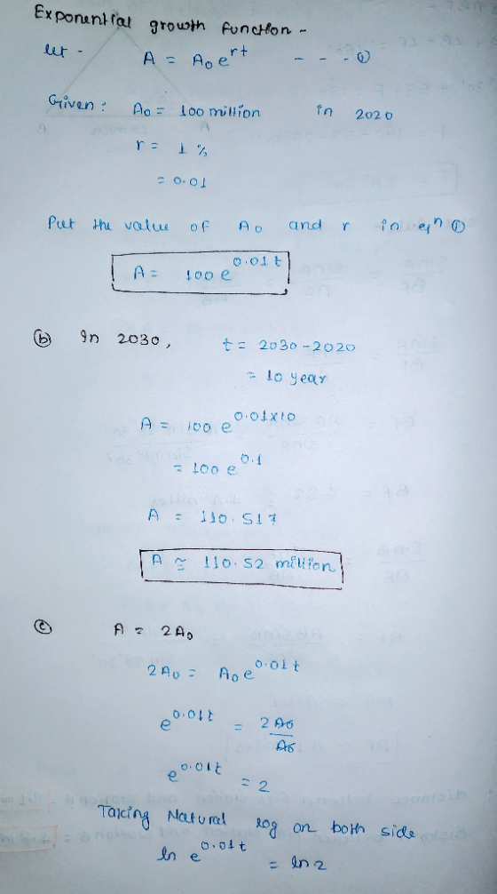 Exponential growth Funchon- w - A = Apert Griven: Ao = loo million 2020 0.0 Put the value of AO and r in eno 0.01t 100 e 9n 2