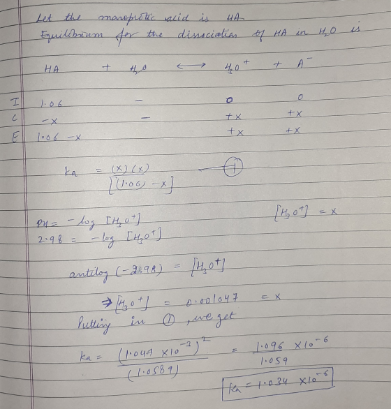 Let the manoprotic acid is HA Equilibrium for the dissociation of HA in Ho is HA & 4o thot & A- 1.06 tx tx 1.06 - & ka = (x)