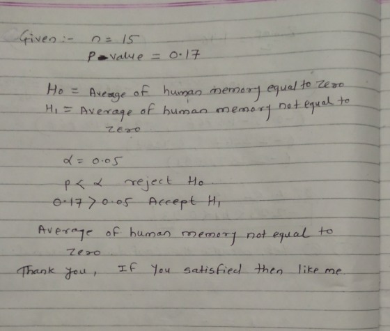 Given - n = 15 Pavalue = 0.17 al to Ho = Avenge of human memory equal to a HI - Average of human memory not equal to Zero d=