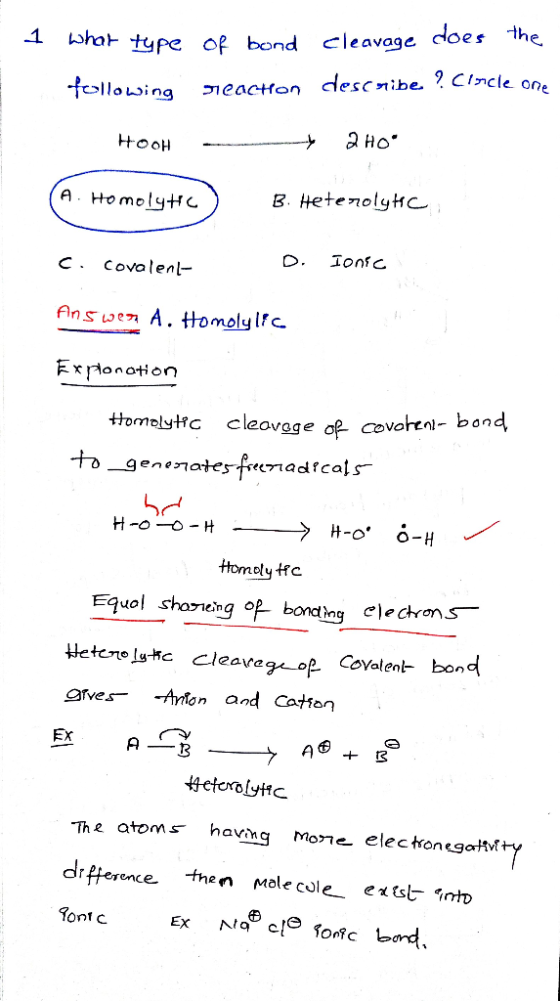 cleavage does the what type of bond 1eacton descnibe. 2Cincle one tollousing HooH 3. HetenolyHc A. HomolytHC Ionfc D. C. Cova