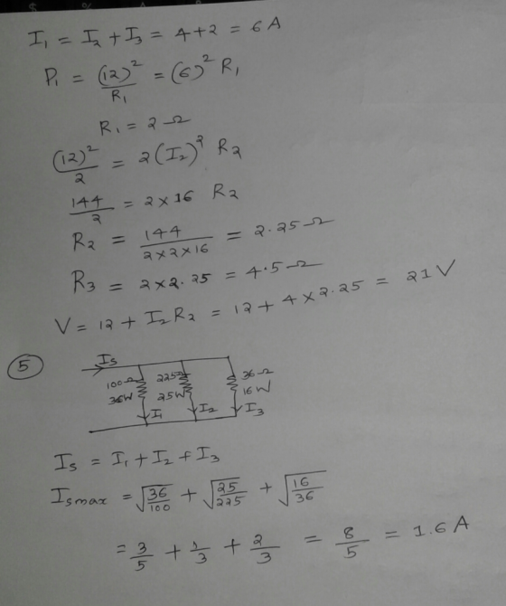 R I = I + I = 4+2 = 6A P = (12)² = (6R, Ri=a2 (12) 2(IX) Ra 144 = 2x16 Ra R2 = 144 = 2.252 K3= 2x2.25 = 4.52 V = 12 + Is R₂ =