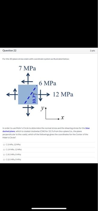 Question 22 2 pts For the 2D plane stress state with coordinate system as illustrated below 7 MPa st 6 MPa 1 12 MPa 33.7% ť I