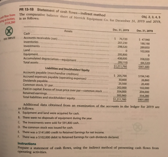 PR 13-1B Statement of cash flows-indirect method The comparative balance sheet of Merrick Equipment Co. for December 31, 2049