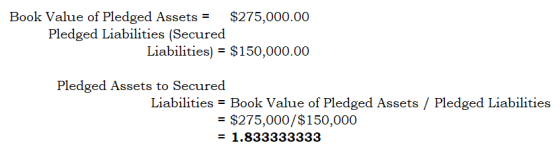 Book Value of Pledged Assets = $275,000.00 Pledged Liabilities (Secured Liabilities) = $150,000.00 Pledged Assets to Secured