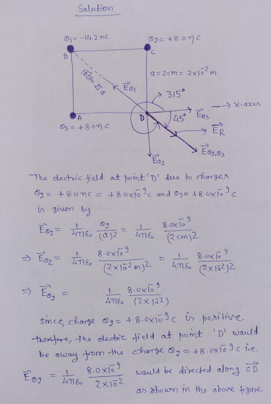 Solution = -14.2nc g=+8.one a=2cm= 2x10²m IBDI= a X-axes ( 45 ) Eos Oz=+8.onc E02,03 The dectric field at point D due to ch
