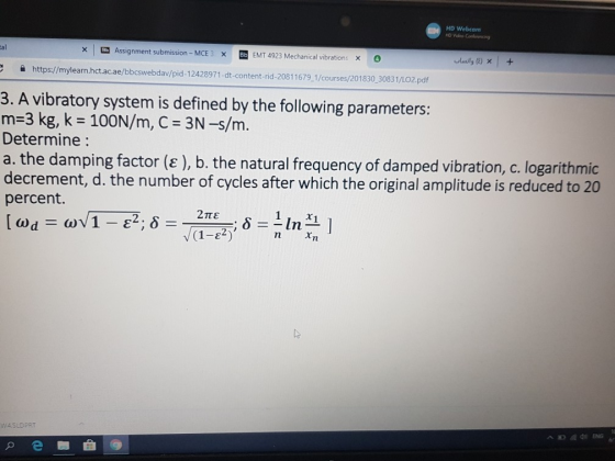 HD Webcam HD Vdeo Con al BAssignment submission - MCE Bb EMT 4923 Mechanical vibrations lauls (E) X https://mylearn.hct.ac.ae
