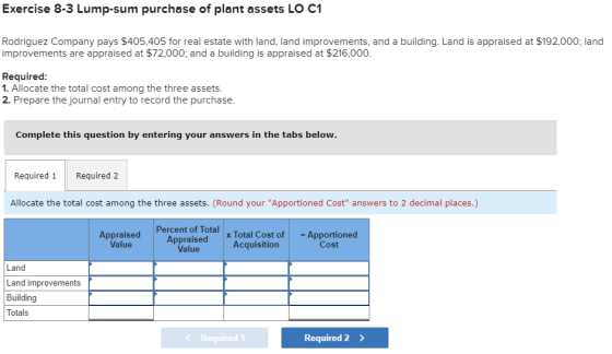 Exercise 8-3 Lump-sum purchase of plant assets LO C1 Rodriguez Company pays $405,405 for real estate with land, land improvem