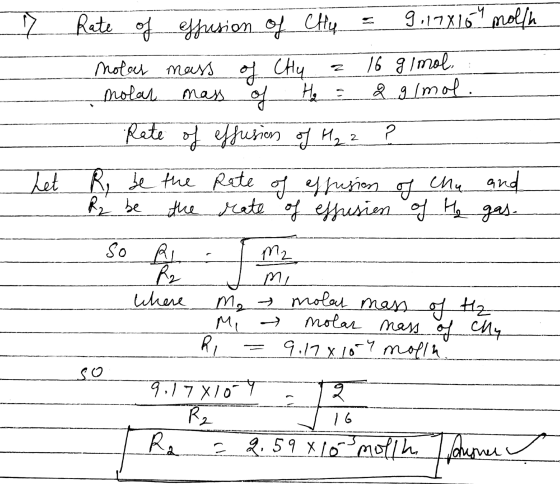 신 16 gimol, Rate of effusion of CH4 9.17816 molſh notar mass of Chy molar mass of Ho 2 g/mol. Rate of effusion of H₂ 2 Let R,