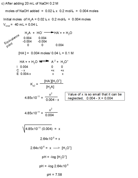 c) After adding 20 mL of NaOH 0.2 M moles of NaOH added = 0.02 E x 0.2 mol/E = 0.004 moles Initial moles of H, A = 0.02 EX 0.