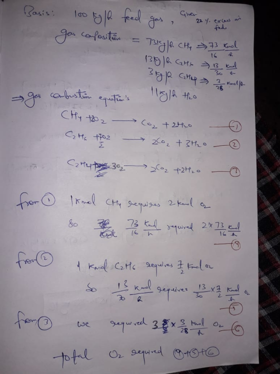 Basis: 100 kg/h feed gas Given na yo excess an gas confosition = 73kgle Chy 73 kond 13181h CaMx 13 kned 3 kg ja Cartup 2 knel