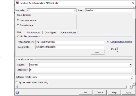 Function Block Parameters: PID Controller Form: Parallel Controller: PI -Time domain: Continuous-time Discrete-time Data Type