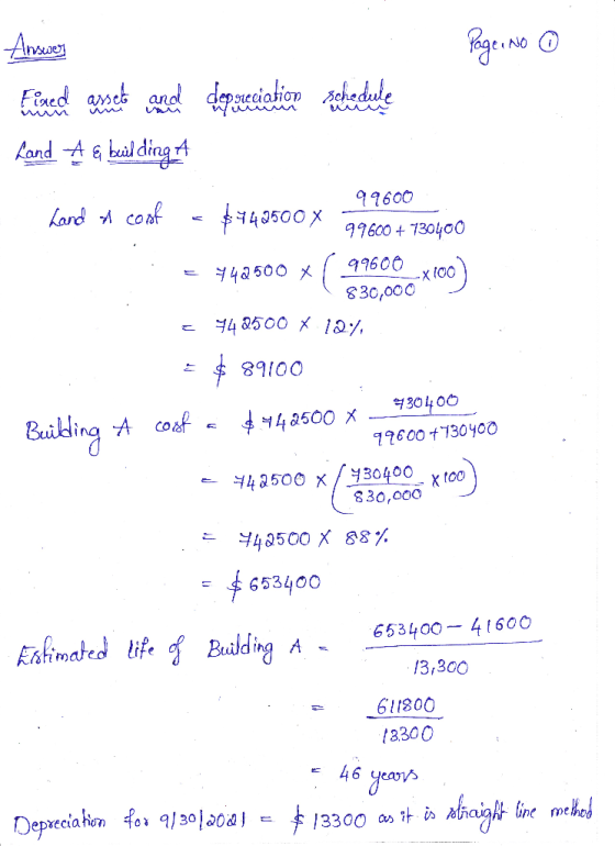 Answers Page No ① Cote depreciation Schedule wwwwwww Land A & beil ding A cost a $442500 X – 99600 +730400 99600 Land A cost