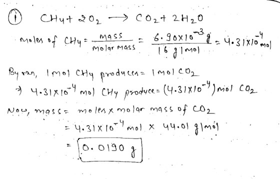 0 crut 202 CO2 + 2H2O moles of CHye mass. = 6.90x1000 g mates of my moler massT6 gimol, j. Bisson Bynen, Imol CHy produces a