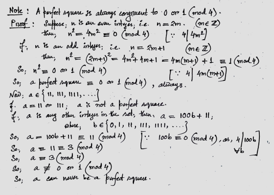 Note le. [• 414m2) fi nis an n = 2mtl 2 : A perfect square is always congruent to 0 or 1 (mod 4). Proof: Suppose; n is an eve