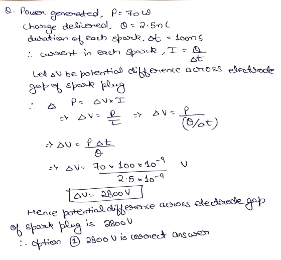 Q. Power genereded, p=70w charge delioneel, o = 2.500 duration of each spark, ot 10006 : curent in each spark, I = 0 st Let o