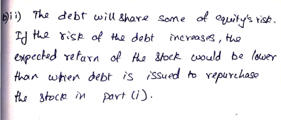 bii) The debt will share some of equitys risk. If the risk of the debt increases, the expected return of the shock would be