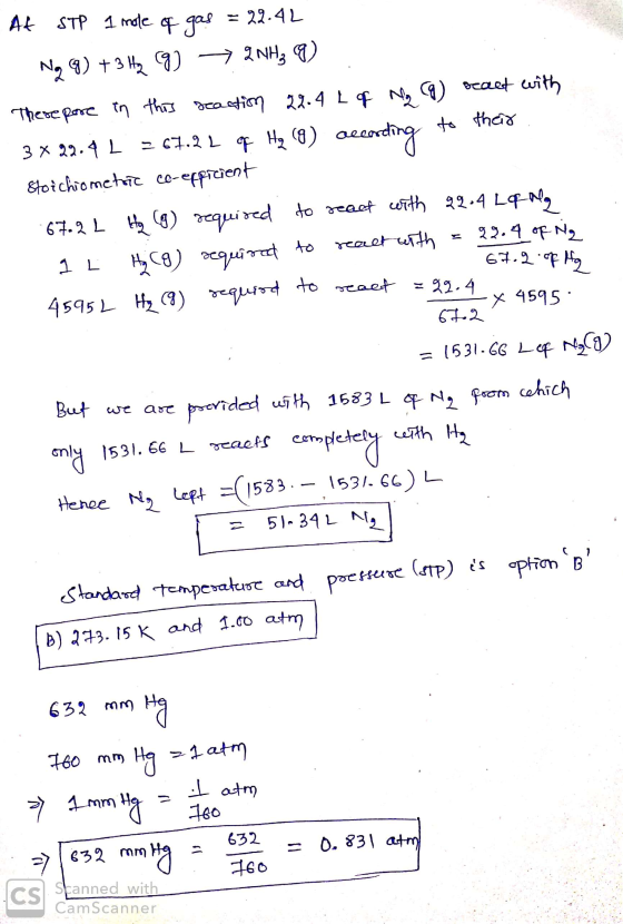 their At STP 1 mole of gas = 22.42 Ng 9) +3 H49) → 2NH3 ) These pore in this seaction 22.4 L of N (9) sealt with 3 x 22.4L =