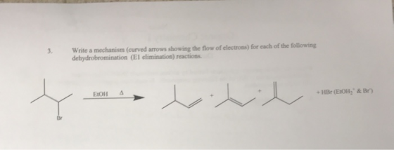 Write a mechanism (curved arrows showing the flow of electrons) for each of the following dehydrobromination (El elimination)