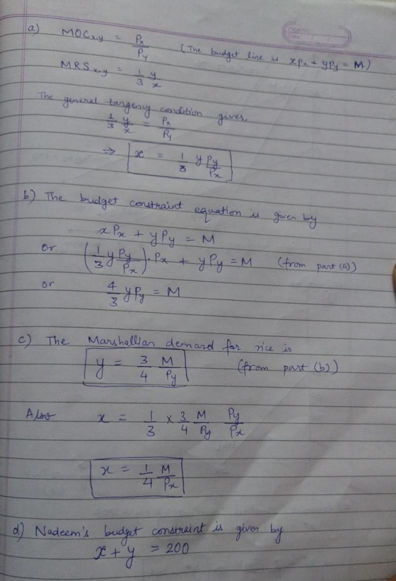 a) MOCxy = - Px Py (The bodas (The budget line is xp. + ypy - M). MRSxy - 1 The general targency condition giver > 20 3 ye px