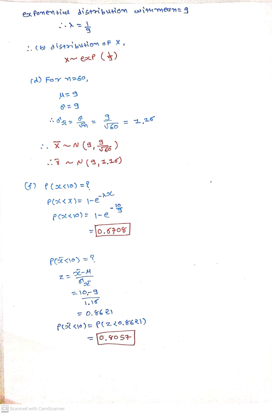 exponential distribution with meanza . = 2. (b) distribution of X, x~eace (f) (d) for n=60, A3-م- = (Pot ( x به = 85 : ہلا (4
