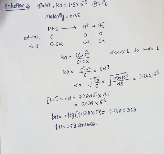 solution given , kaz ľ9x105 @ 25°C molanty 20135 HN3 lett + Nå at to, C 0 0 te + C-co co Co X<<<<l so 1-8=2 ka= (C.) 2 E-ca N