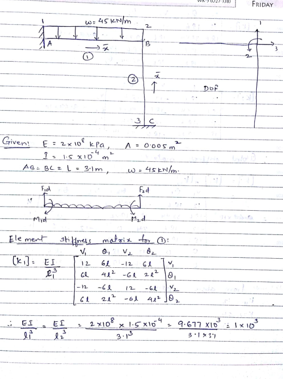 338) FRIDAY W = 45kN/m 2 B 18 3 ă . DOF 2x10f 2 A - 0005m Given! E kla, .4 I m? 1.5 XI0 AB=BC = L 3.im, W =45kN/m. Fid F2d bo