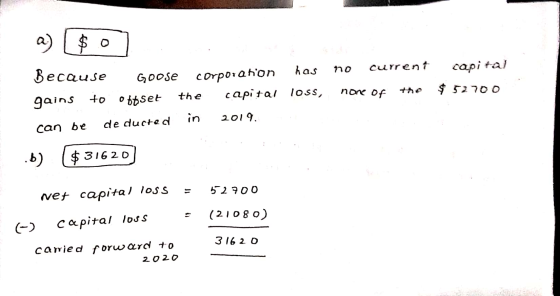 Because Goose Corporation has no current capital gains to offset the capital loss, none of the $52700 can be deducted in 2019