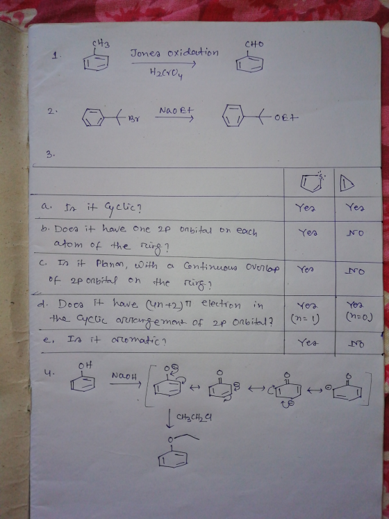 CHO Jones oxidation Наско су мао е сое Yes NO a. Is it Cyclic? Yes b. Does it have one ap orbital on each atom of the ring? c