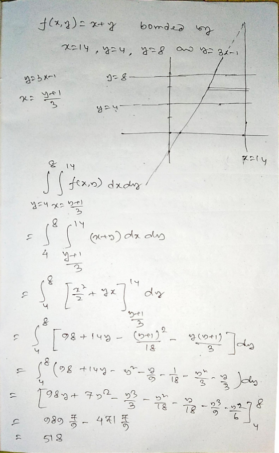 f(x,y) = x+y bir erpnog x=14, you, y=8 and a 32-1 gabari =8- yel 3 you- & 14 paly s fex,n) dx dy y=4 XZ / Je l (x+2) de des