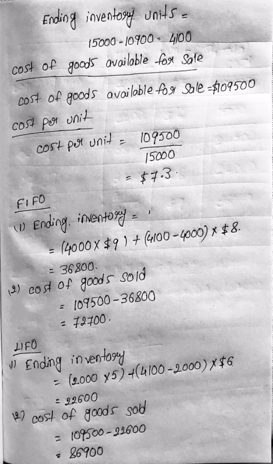 Ending inventory units 15000-10900 - 400 cost of goods available for sale cost of goods available for Sale $109500 cost per u