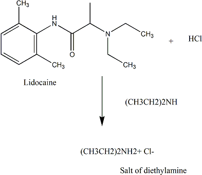 CH3 CH3 t H& CH3 CH3 Lidocaine (CH3CH2)2NH (CH3CH2)2NH2+ C- Salt of diethylamine