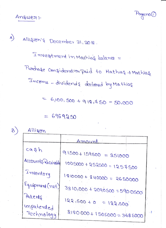Pogeno Answert Alligions December 31, 2018 Investment in Mathias balance = Purchase consideration paid to Hathias + Mathias