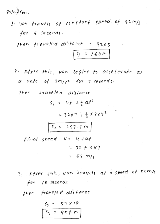 solution L. van travels at constant speed of 32 m/ for 5 seconds. then traveled distance - 3245 160m 2. After this, van begin