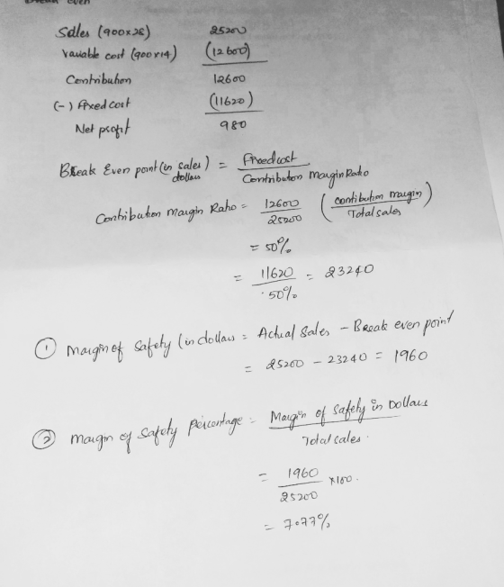 O ven 25200 (12600) Sales (900x28) variable cost (900x14) Contribution ( ) Axed cost Net propt 12600 (11620) 980 Bleak Even p