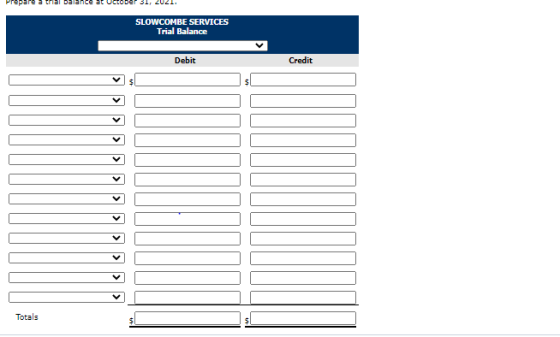 Prepare a trial Da oder sor 202.. SLOWCOMBE SERVICES Trial Balance Debit Credit Totals