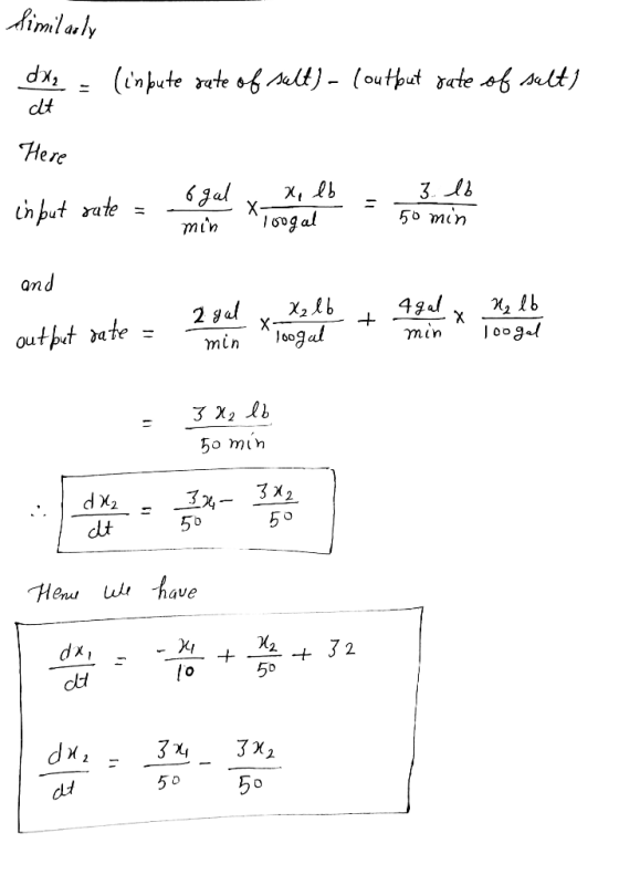Similarly dx2 (inbute rate of selt) – (outhut rate of selt dt Here .. Alb in but rate = 6 gal - min X- x, lb loogal 3. lb 56