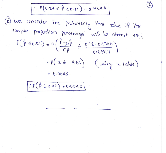 1....P(0.24€ ? <0.81)=0.9244 @ we consider the probability that value of the sample proportion percentage will be almost 22,