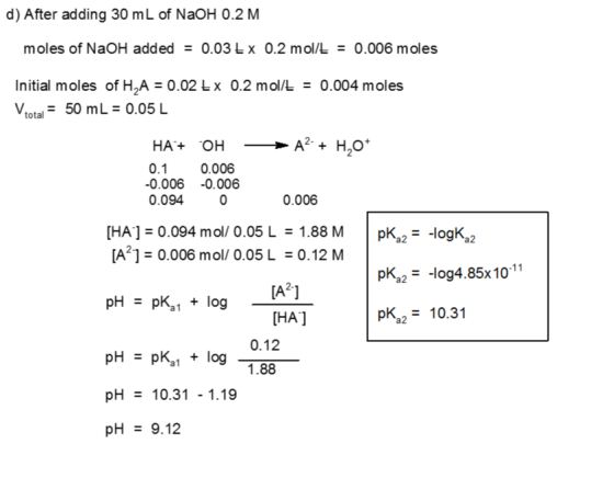 d) After adding 30 mL of NaOH 0.2 M. moles of NaOH added = 0.03 Ex 0.2 mol/E = 0.006 moles Initial moles of H2A = 0.02 EX 0.2