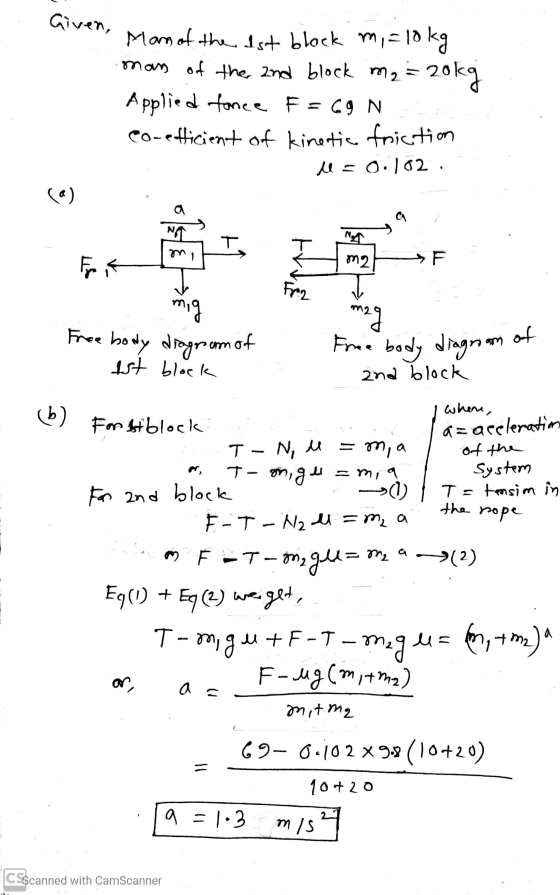 Given, Mam of the 1st block mi = 10 kg man of the and block m₂ = 20kg Applied fonce F = 69 N co-efficient of kinetic friction